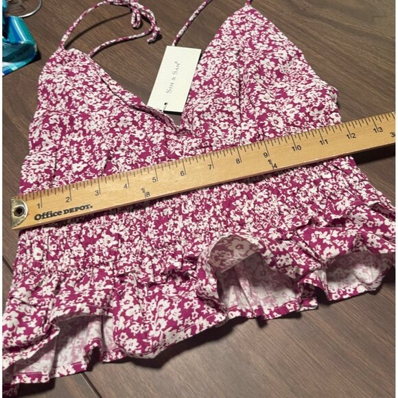 Sim & Sam Womens Floral Smocked Peplum Crop Top Sizzling Magenta Size Large - Picture 10 of 10